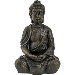 Boeddha beeldje zittend - binnen/buiten - kunststeen - antiek bruin - 30 x 20 cm - Beeldjes