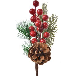 Clayre & Eef Decoratie Tak 25 cm Rood Groen Kunststof Dennenappels Kerstdecoratie