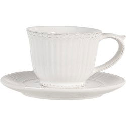 Clayre & Eef Kop en schotel  150 ml Wit Dolomiet Rond Servies