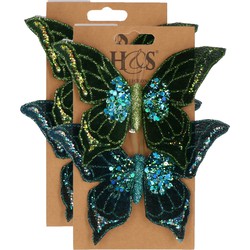 4x stuks kunststof decoratie vlinders op clip groen/blauw 10 x 15 cm - Kunstbloemen