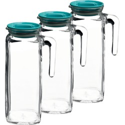 3x stuks glazen schenkkannen/waterkannen met deksel 1 liter - Waterkannen