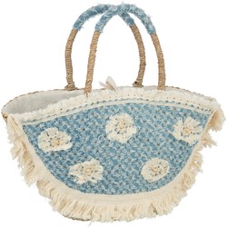 J-line - Strandtas Bloemen+franjes Denim Zeegras Nat/blauw - 59x16x30cm