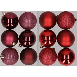 12x stuks kunststof kerstballen mix van aubergine en donkerrood 8 cm - Kerstbal