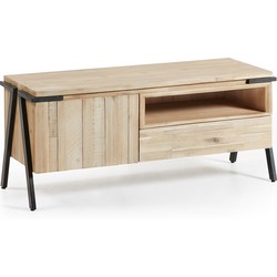 Kave Home - Thinh TV-meubel, 1 deur en 1 lade van massief acaciahout en zwart staal, 125 x 53 cm