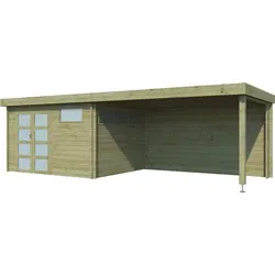Woodlands blokhut modern met overkapping en dakisolatie, geïmpregneerd, 755 x 295 cm