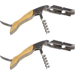 2x stuks luxe kurkentrekker kelnermes met opener van metaal en bamboe 12 cm - Kurkentrekkers