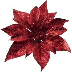 1x Kerstversieringen kerststerren bloemen rood op clip - Kersthangers