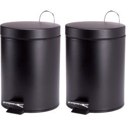 MSV Prullenbak/pedaalemmer - 2x - metaal - zwart - 5 liter - 20 x 28 cm - Badkamer/toilet - Pedaalemmers