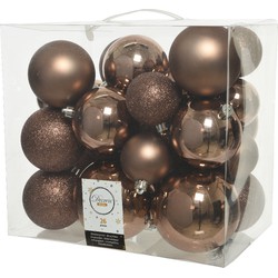 26x stuks kunststof kerstballen walnoot bruin 6-8-10 cm glans/mat/glitter - Kerstbal