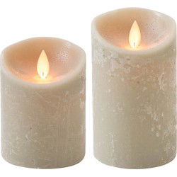 LED kaarsen/stompkaarsen - set 2x - taupe - H10 en H12,5 cm - bewegende vlam - LED kaarsen