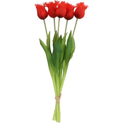 DK Design Kunst tulpen boeket - 5x stuks - rood - real touch - 46 cm - Kunstbloemen
