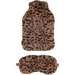 Superzachte fluffy cheetah/luipaard print warmwaterkruik en slaapmasker cadeau set bruin - Kruiken