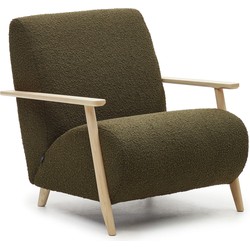 Kave Home - Meghan fauteuil van groen fleece met massief essenhouten poten in natuurlijke afwerking