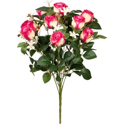 Louis Maes Kunstbloemen boeket rozen/bloesem met bladgroen - cerise - H49 cm - Bloemstuk - Kunstbloemen