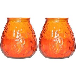 2x Oranje tafelkaarsen in glazen houders 10 cm brandduur 40 uur - Waxinelichtjes