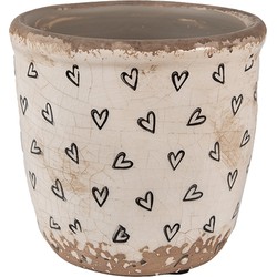 Clayre & Eef Bloempot  Ø 11x11 cm Beige Zwart Keramiek Hartjes Bloempot Binnen