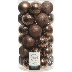 74x stuks kunststof kerstballen walnoot bruin 6 cm glans/mat/glitter mix - Kerstbal