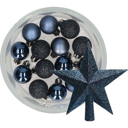 Decoris 14x stuks kerstballen 3 cm met ster piek donkerblauw kunststof - Kerstbal