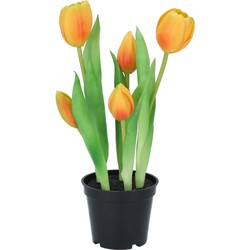 DK Design Kunst tulpen Holland in pot - 5x stuks - oranje - real touch - 26 cm - Kunstbloemen