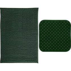 MSV Douche anti-slip mat en droogloop mat - Sevilla badkamer set - rubber/microvezel - donkergroen - Badmatjes