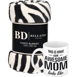 Cadeau moeder set - Fleece plaid/deken zebra print met Awesome Mom mok - Plaids