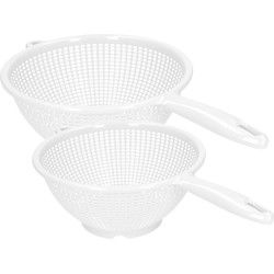 Plasticforte Keuken vergieten/zeef met steel - 2x stuks - kunststof - Dia 22/24 cm - wit - Vergieten