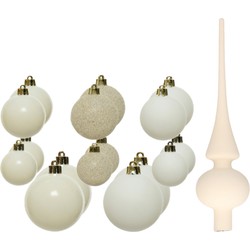 Set van 26x stuks kunststof kerstballen en glazen piek wol wit - Kerstbal