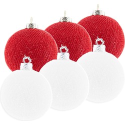 6x Rood/witte Cotton Balls kerstballen decoratie 6,5 cm - Kerstbal
