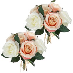 Atmosphera kunstbloemen 2 boeketten 7 roze/witte rozen 30 cm - Kunstbloemen