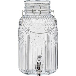 5Five Drank/water/sap dispenser Marbella - 3.8 Liter - bewerkt deco glas - tapkraan/deksel - zilver - Drankdispensers