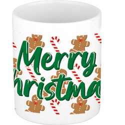 Leuk Kerstpatroon cadeau mok/beker gingerbread en zuurstokken - wit - Bekers
