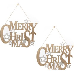 2x stuks houten kersthangers/hangdecoratie bordjes Merry Christmas naturel 32 cm - Kersthangers