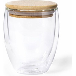 Thermische koffieglazen/theeglazen dubbelwandig - met bamboe deksel - 250 ml - Koffie- en theeglazen