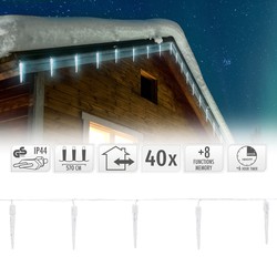 ECD Germany LED Ijspegel Lichtketting koud wit 40 pins, gordijn 5,7m + 5m kabel, 8 lichtstanden + timer, waterdicht IP44 binnen/buiten, ijspegelketting ijsregen Kerstverlichting Kerstdecoratie
