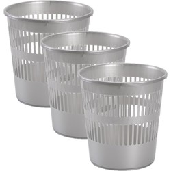 3x stuks afvalbakken/vuilnisbakken/kantoorprullenbakken plastic zilver/grijs 28 cm - Prullenmanden