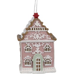 Clayre & Eef Kersthanger Gingerbread house 6x4x9 cm Roze Kunststof Kerstboomversiering