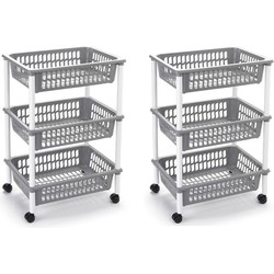 2x stuks opberg trolley/roltafel/organizer met 3 manden 40 x 30 x 61,5 cm wit/lichtgrijs - Opbergmanden