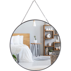 MISOU Spiegel - Rond - Glas met Ophangketting - Modern - Zwart - 29 cm - Glas - Wandspiegel - Badkamer