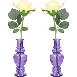 Ideas 4 Seasons Bloemenvaas Venice - 2x - voor kleine stelen/boeketten - gekleurd sierglas - helder paars - D5.7 x H15 cm - Vazen