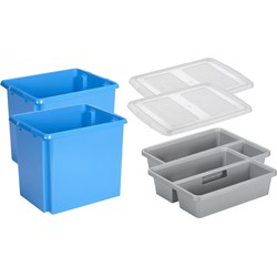 Sunware - Set van 2x opslagbox kunststof 45 liter blauw 45 x 36 x 36 cm met deksel en organiser tray - Opbergbox