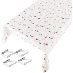 Witte tafelkleden/tafelzeilen flamingo print 140 x 245 cm rechthoekig met 4x tafelkleedklemmen - Tafelzeilen