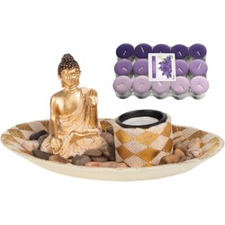 Boeddha beeld voor binnen 27 cm met 30x geurkaarsen lavendel - Beeldjes