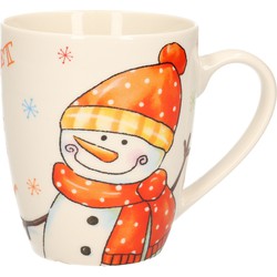 Kerstmok/wintermok sneeuwpop met oranje muts en sjaal van poreselein 10 cm - Bekers