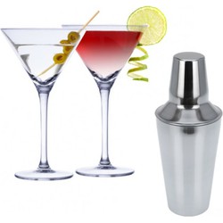 Set van 4x Martini cocktailglazen met cocktailshaker RVS - Cocktailglazen