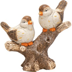 Mega Collections Decoratie van 2 vogeltjes op tak - hout - beeldje - 28 x 14 x 26 cm - Beeldjes