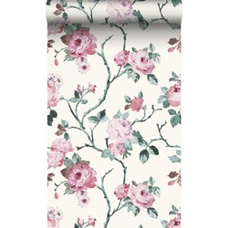 Origin Wallcoverings behang bloemen gebroken wit en licht roze en groen - 53 cm x 10,05 m - 347433