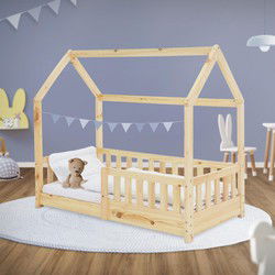 Kinderbed Huisbed 140x70 cm van grenenhout met uitvalbeschermend dak en lattenbodem Houten bed ML design