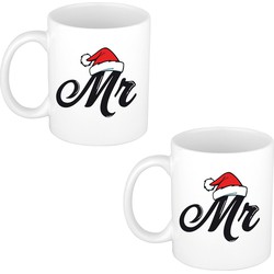 4x stuks Mr kerstmuts cadeau mok / beker wit voor heren 300 ml - Bekers