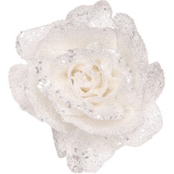Witte decoratie rozen glitters op clip 10 cm - Feestdecoratievoorwerp