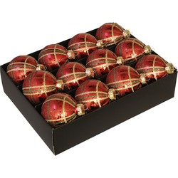 12x Luxe glazen gedecoreerde ruitjes kerstballen rood 7,5 cm - Kerstbal